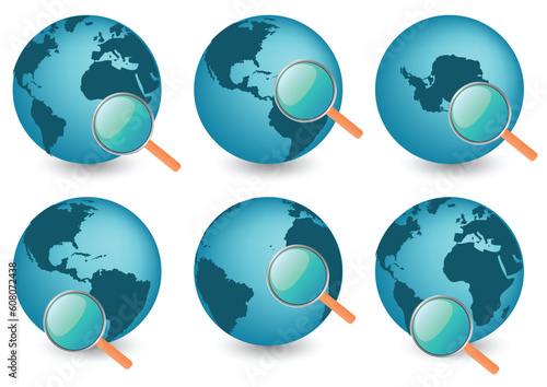 vector set of the planet earth under magnifier