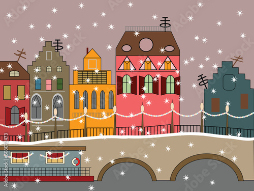 vector winter fairy town with houses, bridge, and snow