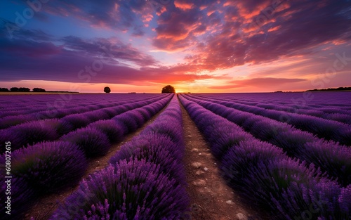 Stunning sunset over purple lavender fields
