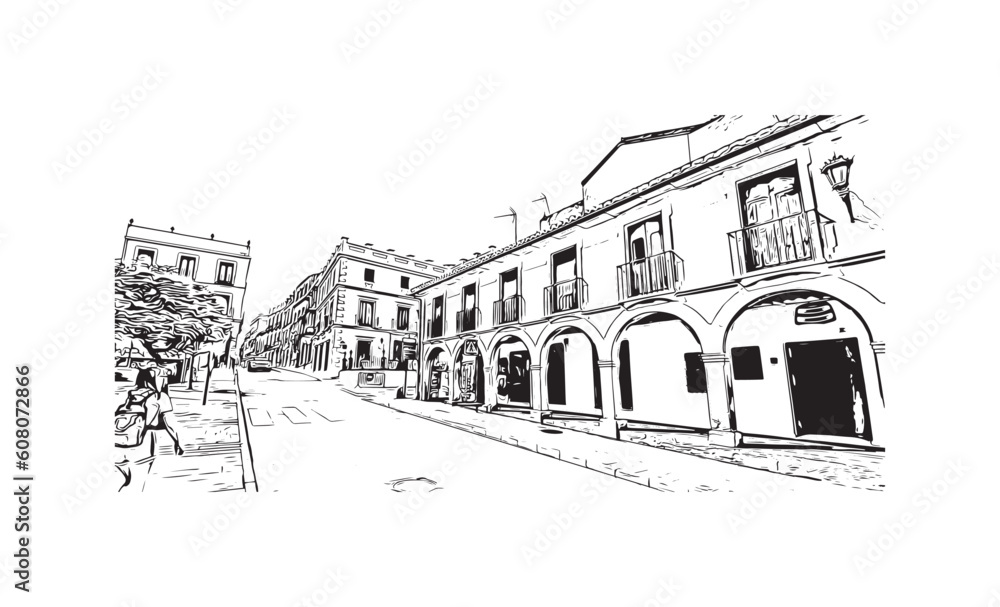 Building view with landmark of   Ronda is a city in Spain. Hand drawn sketch illustration in vector.