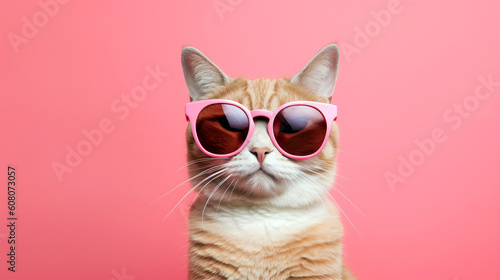 Cute cat wearing pink sunglasses on pink background, generative ai © ardanz