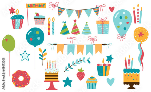 Party vector cartoon illustration. Set of funny elements for decorating party