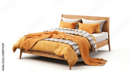 Fototapeta Naklejka Na Ścianę i Meble -  Modern mid century and minimalist wood bed and yellow blanket, 3d illustration. Generative AI.