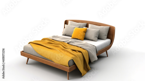 Fototapeta Naklejka Na Ścianę i Meble -  Modern mid century and minimalist wood bed and yellow blanket, 3d illustration. Generative AI.