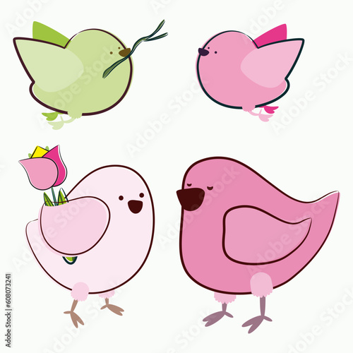 Set of elements for design. Pink and Green Birds.