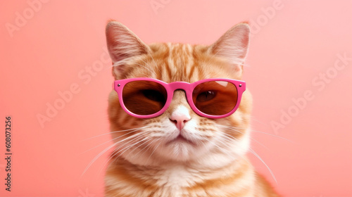 Cute cat wearing pink sunglasses on pink background, generative ai © ardanz