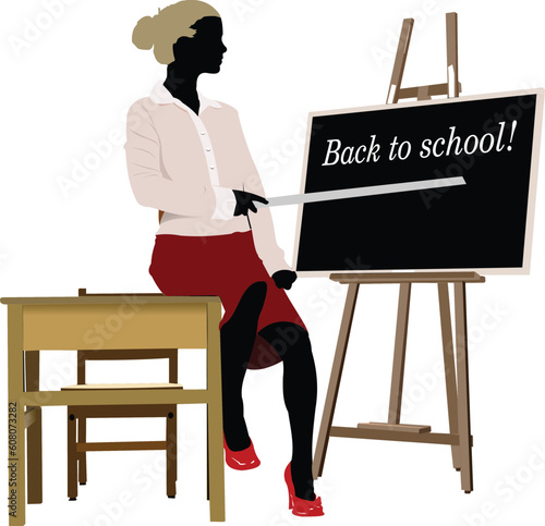 Woman teacher in classroom. Back to school. Vector illustration