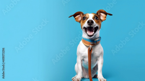 Cute puppy with leash on blue background. Generative ai illustration
