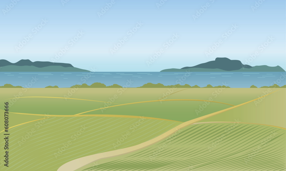 Summer travel sea mountain rice field background vector 