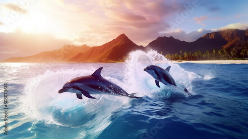 Dolphins jumping out of the ocean at sunset. Generative ai illustration © ardanz