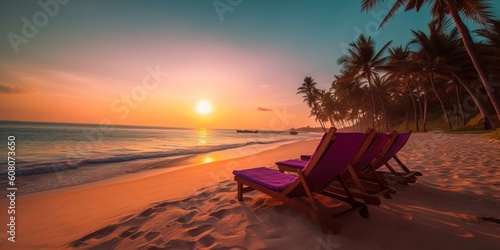 Portrait beautiful sunset on the beach with coconut trees AI Generative © Tebha Workspace
