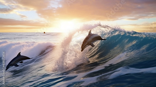 Two dolphins jumping out of the ocean at sunset. Generative ai illustration © ardanz