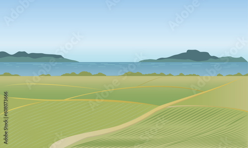 Summer travel sea mountain rice field background vector 