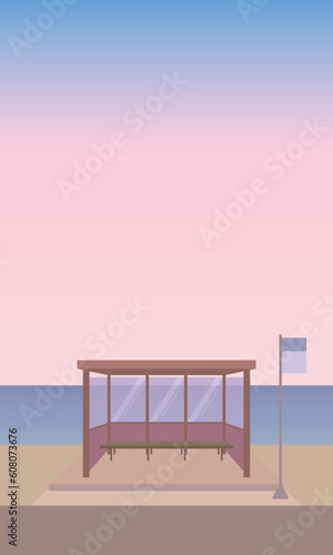 South Korea East Sea Jumunjin Ocean Beach Bus Stop Summer Background Vector Illustration photo