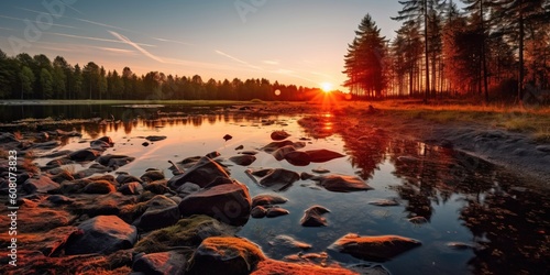 Beautiful sunrise over the lake AI Generative