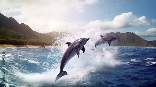 Two dolphins jumping out of the ocean. Generative ai illustration