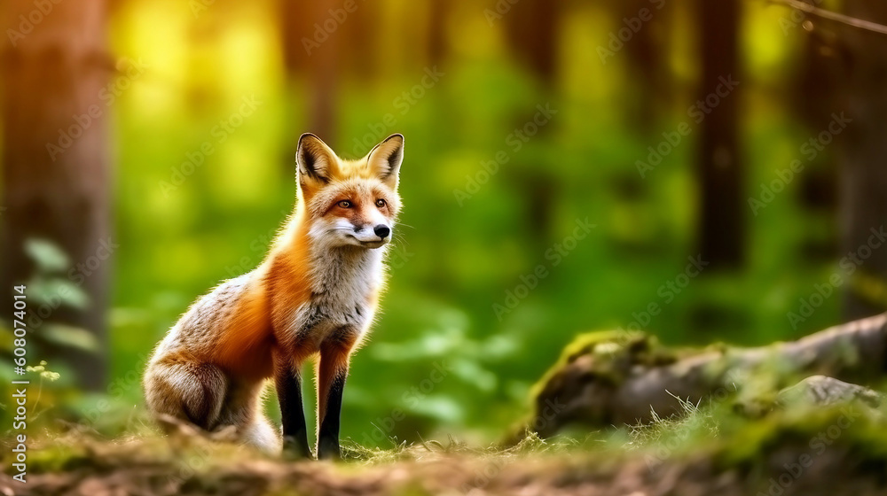 Red fox standing on a rock in the peaceful forest and looking at something, generative ai illustration