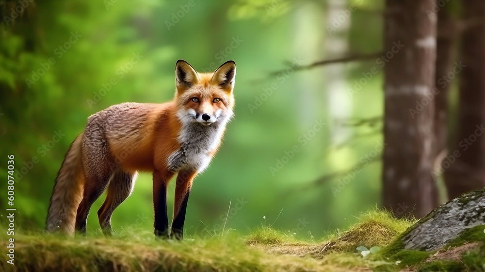 A fox standing in the peaceful forest and looking at something, generative ai illustration A fox standing in the peaceful forest and looking at something, generative ai illustration