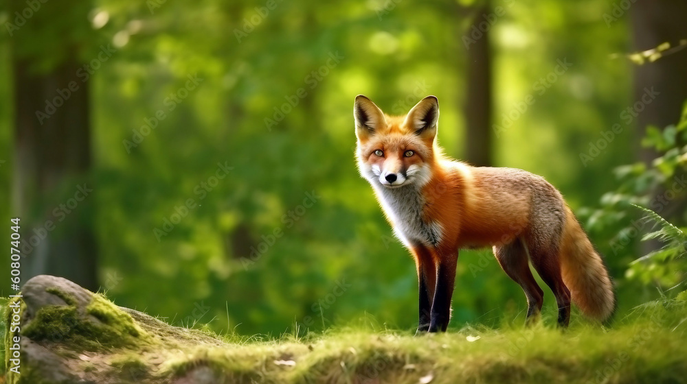 Naklejka premium Red fox standing in the peaceful forest and looking at something, generative ai illustration