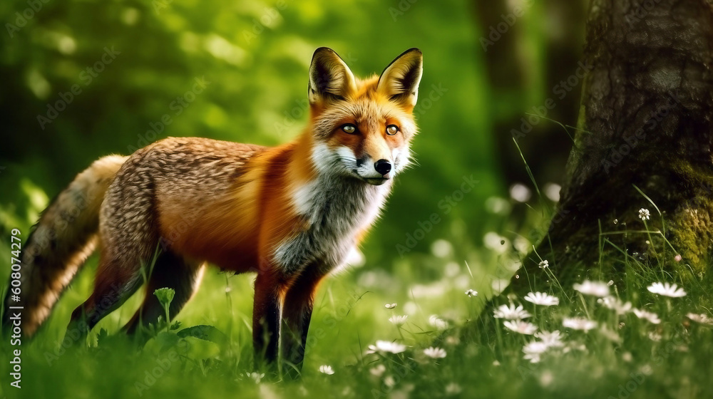 Fototapeta premium Red fox standing in the beautiful forest and looking at something, generative ai