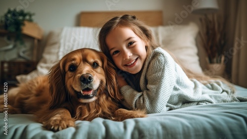 an image of a little girl playing with her dog companion at home. GENERATE AI