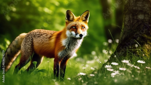 Red fox standing in the beautiful forest and looking at something, generative ai