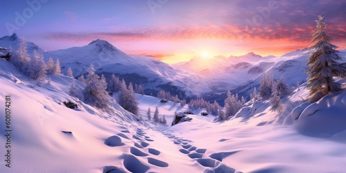 Portrait sunrise over the snowy mountain AI Generative
