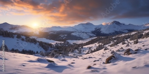 Portrait sunrise over the snowy mountain AI Generative