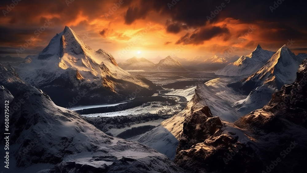  the grandeur of a snow-capped mountain range with stunning geological features, during the twilight,  breathtaking and inspiring landscape, 4k, generative AI,