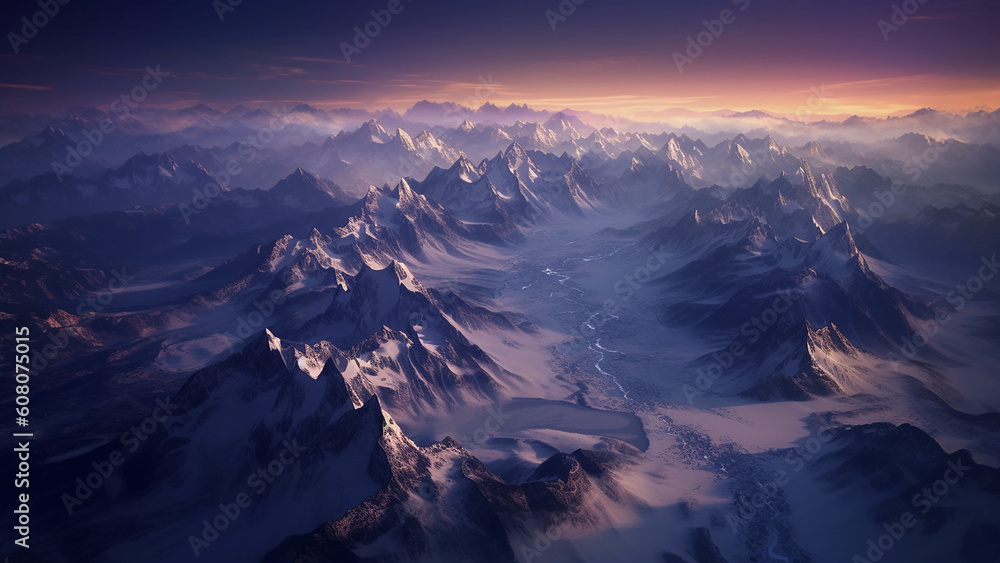  the grandeur of a snow-capped mountain range with stunning geological features, during the twilight,  breathtaking and inspiring landscape, 4k, generative AI,