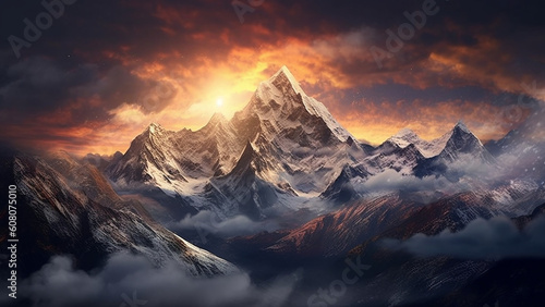  the grandeur of a snow-capped mountain range with stunning geological features, during the twilight,  breathtaking and inspiring landscape, 4k, generative AI, © Christel