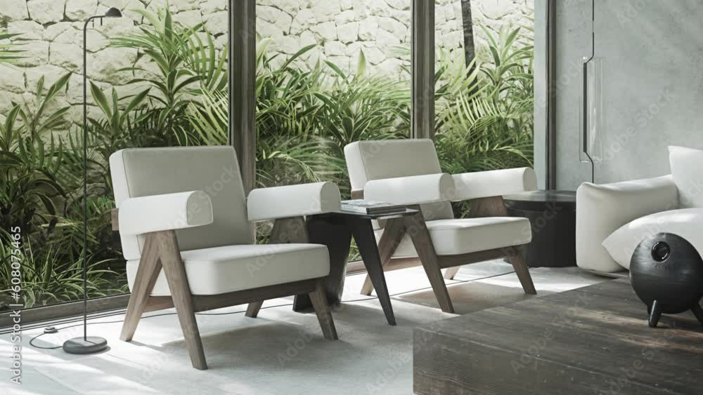 Stylish trendy furniture in relaxation area with armchairs and white sofa around wooden table and panoramic glazing overlooking green plants and stone wall to promote interior design services. Stylish trendy furniture in relaxation area with armchairs and white sofa around wooden table and panoramic glazing overlooking green plants and stone wall to promote interior design services.