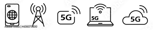 Conjunto de iconos de redes móviles e inalámbricas. Concepto de telecomunicaciones. 5G. Ilustración vectorial