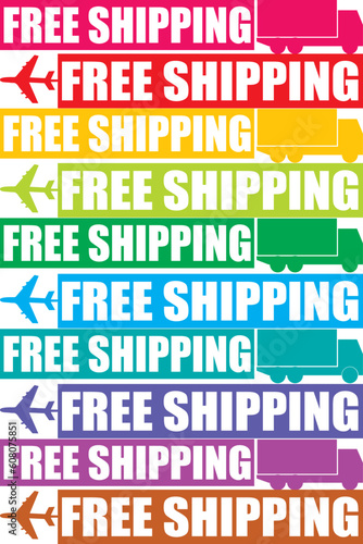 illustration of colorful free shipping tag with aeroplane and van