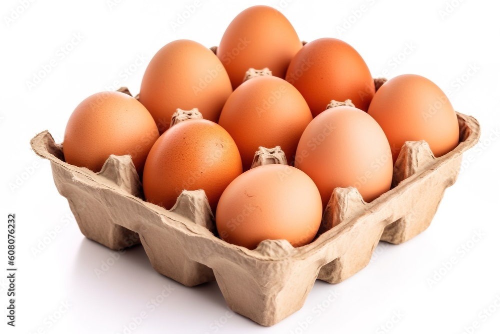 Portrait chicken eggs with crate isolated on white AI Generative