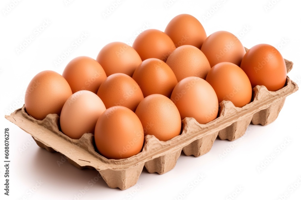 Portrait chicken eggs with crate isolated on white AI Generative