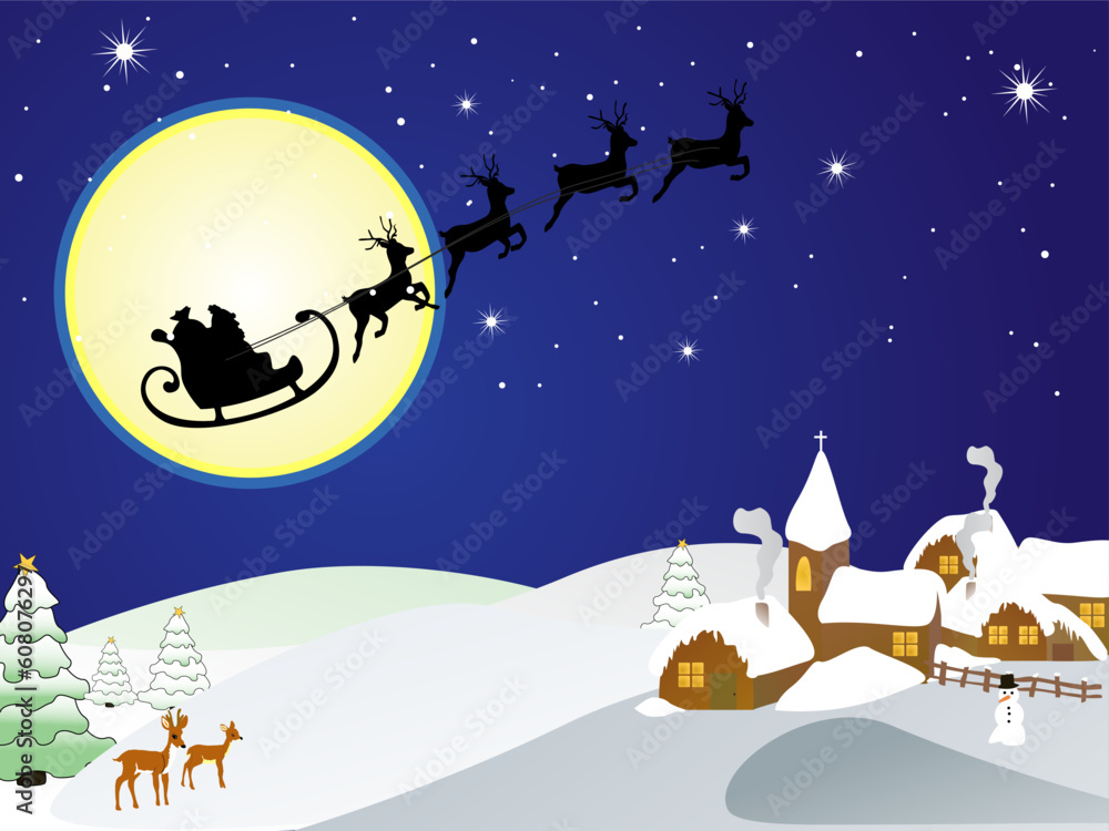Naklejka premium vector eps10 illustration of santas sleigh over the town