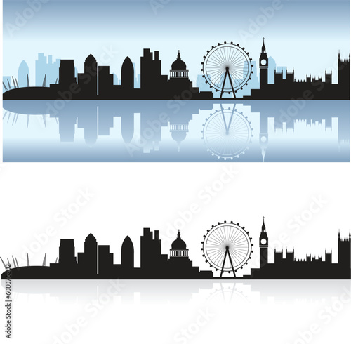 london skyline including all the tourist attractions as a detailed black silhouette with the thames reflection