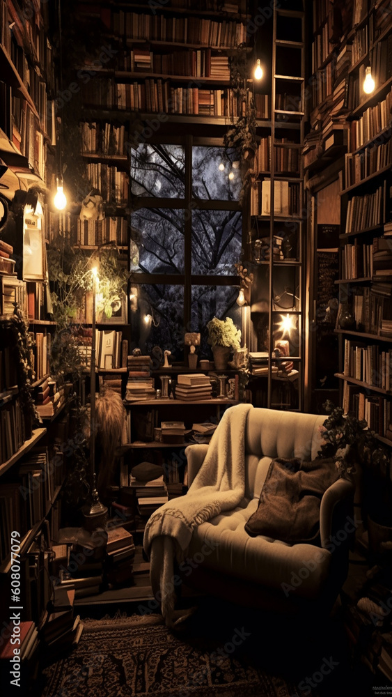  an antique bookstore filled with rows of well-loved books, rustic wooden shelves, and the soft glow of a reading lamp, at dusk, a cozy, 4k, generative AI