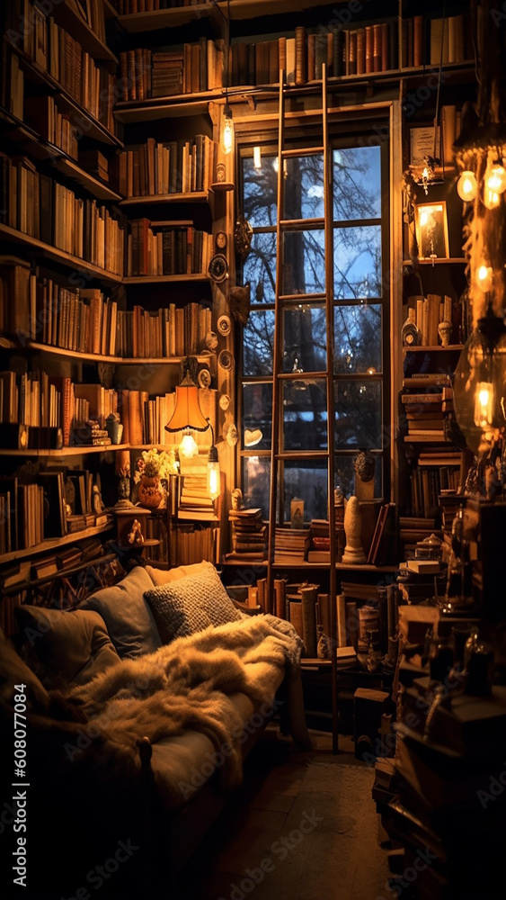  an antique bookstore filled with rows of well-loved books, rustic wooden shelves, and the soft glow of a reading lamp, cozy, 4k, generative AI