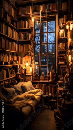  an antique bookstore filled with rows of well-loved books, rustic wooden shelves, and the soft glow of a reading lamp, cozy, 4k, generative AI