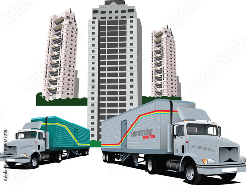 New Dormitory and two trucks. Vector illustration