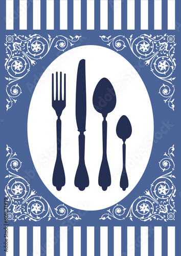 Place setting with fork, spoon and knife and ornaments. Design for food or restaurant menu card on a blue background. Full scalable vector graphic