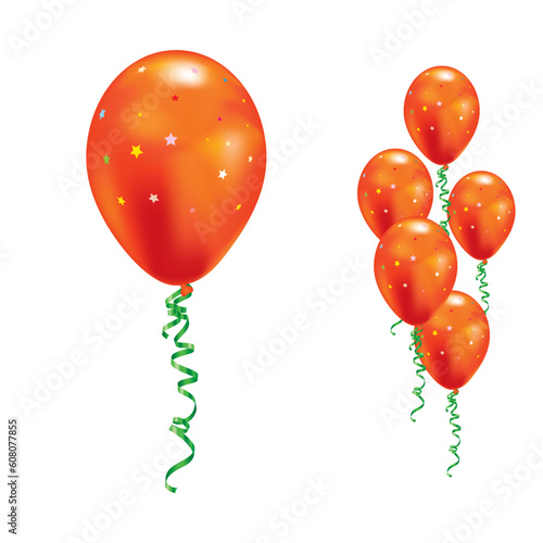 Orange balloons with stars and ribbons. Vector illustration.