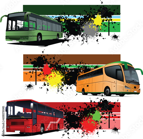 Three grunge Banners with city bus. Vector illustration