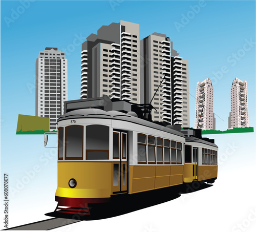 Dormitory and rarity tram. Vector illustration