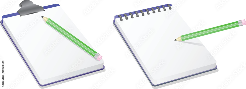 Obraz premium notepad notebook and pencil isolated on white background