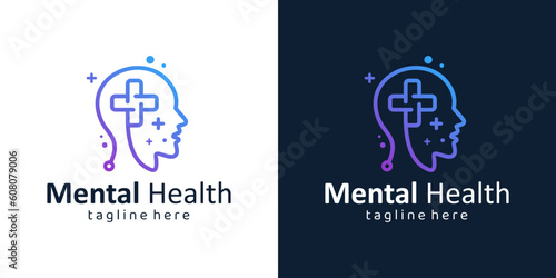 Mental health logo design. Psychotherapy symbol concept. Human head with Medical Cross graphic design vector illustration.