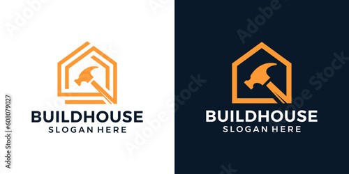 House Repairs logo design template. Hammer logo with home building graphic design vector illustration. House renovation symbol, icon, creative.