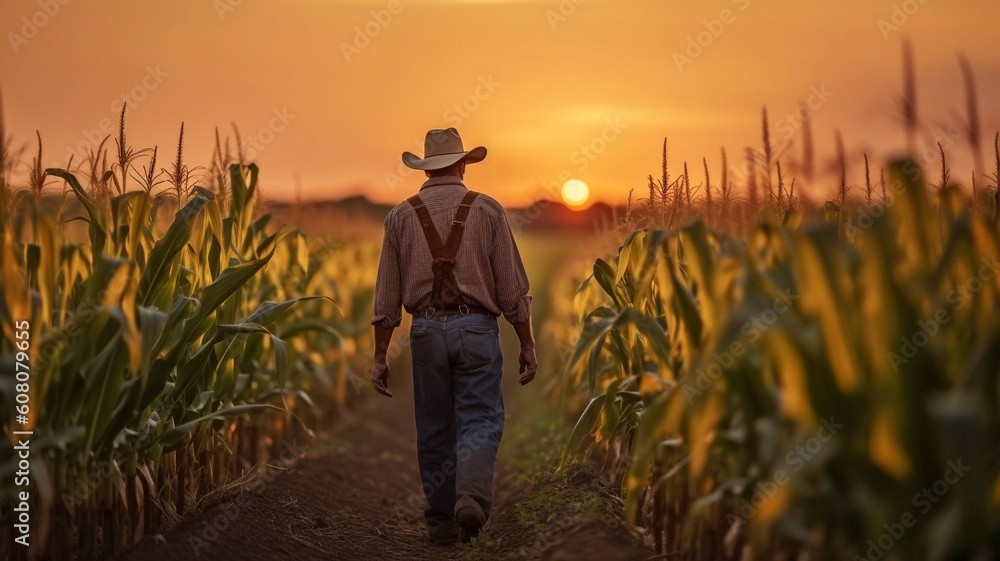Fototapeta premium Farmer strolling among cornfields at dusk. GENERATE AI